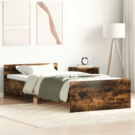 Cadre de Lit 75x190 cm Bois d'Ingénierie Chêne Fumé avec Lattes de Contreplaqué et Tête de Lit Ergonomique (1/4)