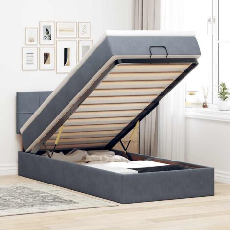 Cadre de Lit Ottoman avec Matelas 90x190cm - Tissu Velours Gris Foncé avec Rangement Hydraulique, Surmatelas et Tête de Lit (1/4)