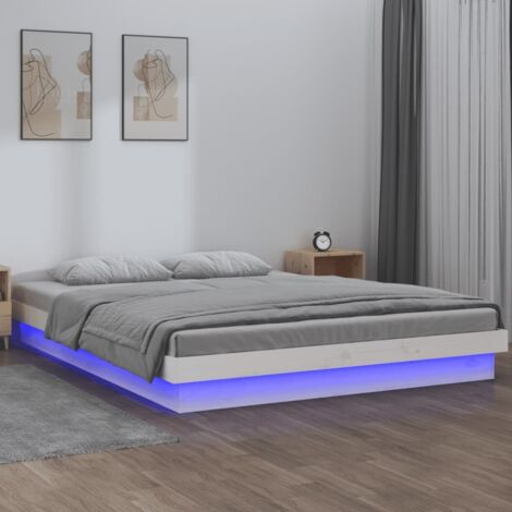 Cadre de lit LED sans matelas Super King 180x200 cm Bois massif Blanc Lumière RGB télécommandable USB Assemblage inclut avec bande LED contrôleur (1/4)