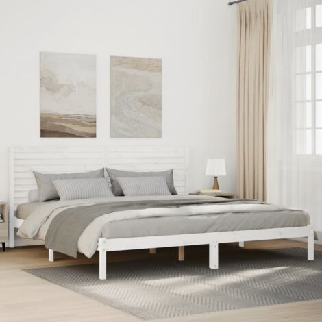 Cadre de lit blanc 200x210 cm avec tête de lit, bois de pin massif et sommier à lattes (1/4)