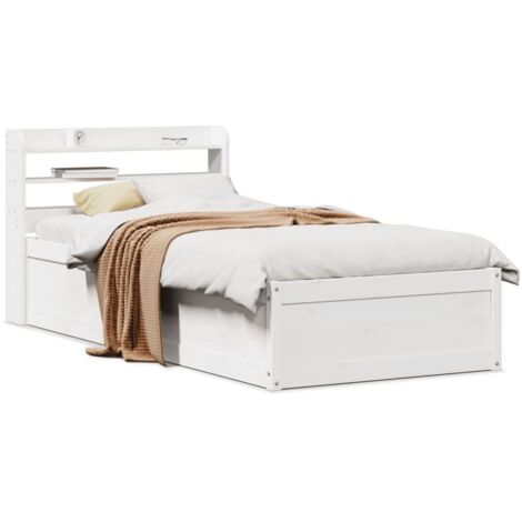 Cadre de lit 90x190cm blanc avec tête de lit et étagères - Bois de pin massif, design pratique et spacieux (1/4)