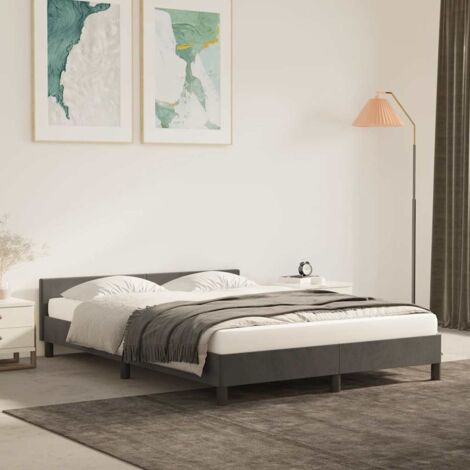 Cadre de lit velours gris foncé avec tête de lit 140x200 cm, sans matelas, lattes contreplaqué incluses (1/4)