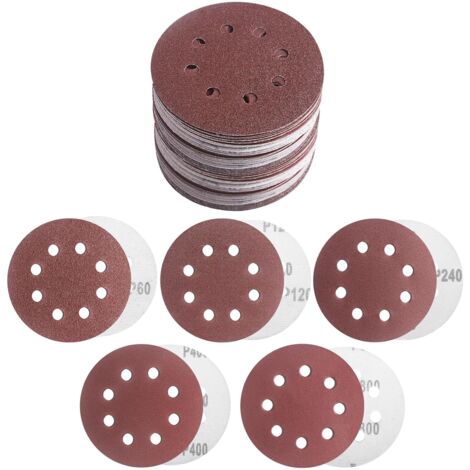 Disque Abrasif 125mm, 50 Pièces Grain 60/120/240/400/800, Disques de Ponçage 8 Trous pour Ponceuse Excentrique Poncer/Polir/Dérouiller, sur Bois Métal Peinture (1/5)