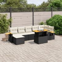 Salon de Jardin 8 Places Noir Résine Tressée avec Table Réglable et Coussins Crème - Ensemble Modulaire Jardin