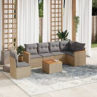 Canapé d'extérieur 7 pièces en résine tressée beige avec coussins gris, table en acacia et rangement intégré