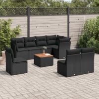 Ensemble Salon Jardin 9 Pièces Noir Résine Tressée avec Coussins - Table Acacia, Modulaire, Résistant aux UV