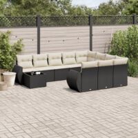 Ensemble salon jardin 11 pièces résine tressée noir avec coussins crème - Table verre trempé, meuble extérieur modulaire