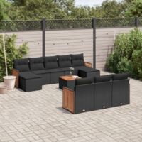 Ensemble Salon Jardin 11 Pièces Noir Résine Tressée avec Coussins - Table Acacia et Mobilier Modulaire Extérieur