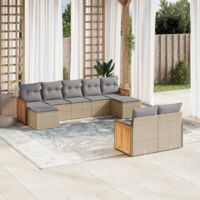 Ensemble Salon Jardin 9 Places Résine Tressée Beige avec Coussins Gris - Canapé Modulaire Jardin, Meuble Extérieur
