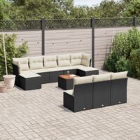 Ensemble de Jardin 11 Pièces Noir Résine Tressée avec Coussins Crème - Salon d'Extérieur Modulaire avec Espace de Rangement et Table Acacia