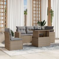 Salon de Jardin 6 Places en Résine Tressée Beige avec Coussins Gris - Table Réglable et Mobilier d'Extérieur Modulaire