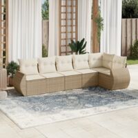 Ensemble Salon Jardin 6 Places Résine Tressée Beige avec Coussins - Canapé d'Angle, Accoudoirs et Rangement Intégré