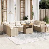 Ensemble de salon de jardin 11 pièces en résine tressée beige avec coussins lavables et table réglable
