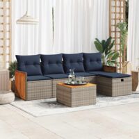 Salon de Jardin Gris 6 Pièces en Résine Tressée avec Coussins Bleu Marine - Canapé, Fauteuils, Table et Pouf de Rangement Modulables pour Terrasse
