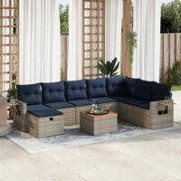 Salon de Jardin 9 Pièces Résine Tressée Gris avec Coussins Bleu Marine