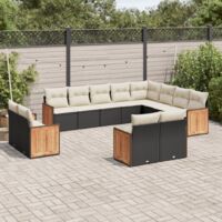 Ensemble de salon de jardin 12 pièces en résine tressée noire avec coussins crème amovibles - Comprend canapés, sièges centraux et d'angle