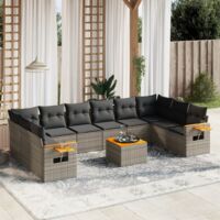 Ensemble de salon de jardin 11 pièces en résine tressée gris avec coussins et table d'appoint en acacia
