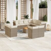 Ensemble de Jardin 12 Places en Résine Tressée Beige avec Coussins Lavables et Table en Acacia