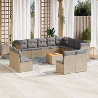 Ensemble de jardin 13 pièces en résine tressée beige avec canapés modulaires, coussins gris lavables et table en acacia