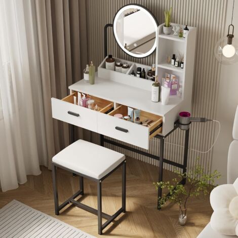Coiffeuse Avec Miroir LED Et Tabouret - 6 Tiroirs + 6 Compartiments - Noire 80x36x130 Cm Moderne