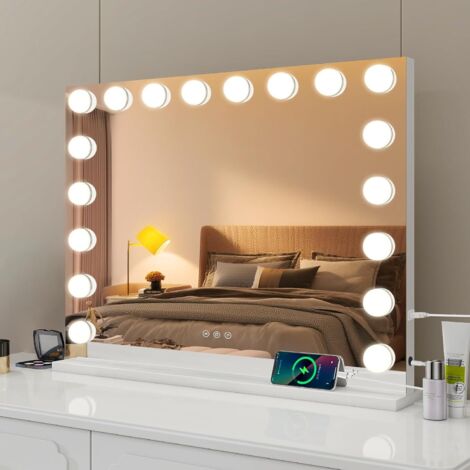 Miroir Maquillage Hollywood Dripex Bluetooth 18 LED - 80x60 Cm, Tactile, Luminosité 3 Températures, USB/Type-C, Blanc