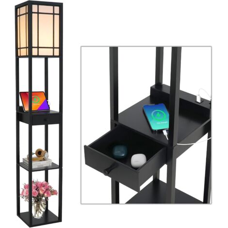 Lampadaire Design Avec 3 étagères Et Chargeur USB-C - Hauteur 165 Cm, Dimmable, Couleur Marron - Neuf
