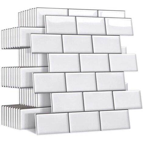(Blanc)10 Pièces Plus épais Credence Adhesive pour Cuisine Salle de Bain, Faux Carrelage Adhesif Mural Blanc Credence Cuisine Adhesive, ImperméAble Metro 3d Dalle PVC Adhesive Murale (1/4)