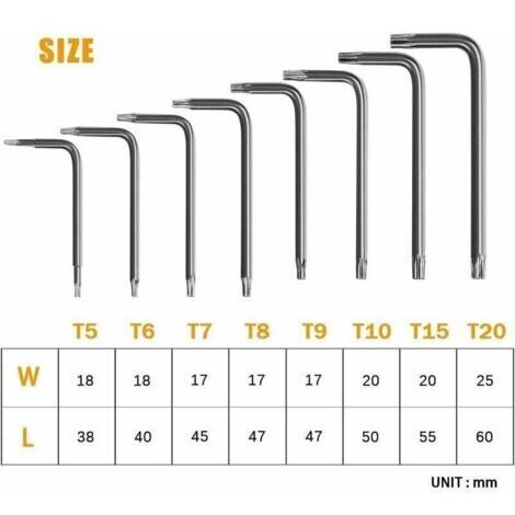 Clés Torx Coudée, Kit de 8 Pièces Clés Allen Torx, Tournevis Etoile T5 T6 T7 T8 T9 T10 T15 T20, Ensembles de Clés Outillage à Main Clés Hexagonales Torx