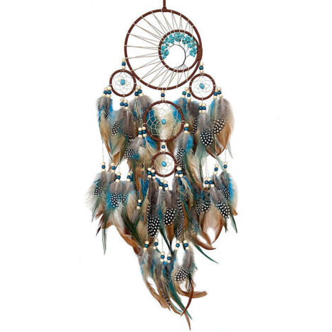 Serbia – Attrape-rêves en plumes bleues et brunes – Longueur 62 cm – Décoration murale ethnique pour chambre – Cadeau original