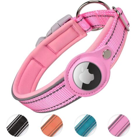 Collier Chien Rembourré pour AirTag, Collier pour Chien Réfléchissant Airtag Apple, Air Tag Intégré pour Petits, Moyens, Grands Chiens, [Rose - Taille L]