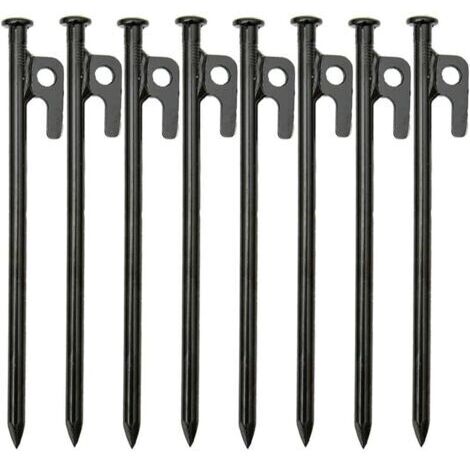 Lot de 8 piquets de tente robustes en fer forgé haute résistance de 20 cm avec crochet et trou pour voyage en plein air, randonnée, jardinage, grand sol dur et rocheux (1/4)