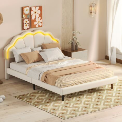 Lit double capitonné 140x200 cm avec éclairage LED, tête de lit pétales, sommier à lattes en bois massif, velours, adapté aux enfants, adolescents, adultes - Rose (1/5)