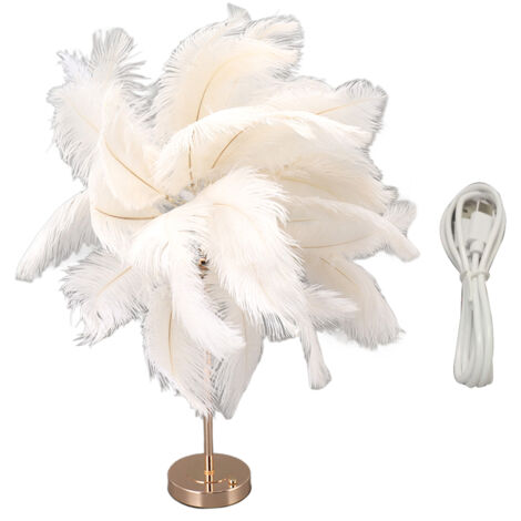 Eosnow Lampe de table en plumes d'autruche rechargeable, lampe de décoration romantique moderne, lampe de chevet de chambre à coucher pour la décoration de la maison, blanche