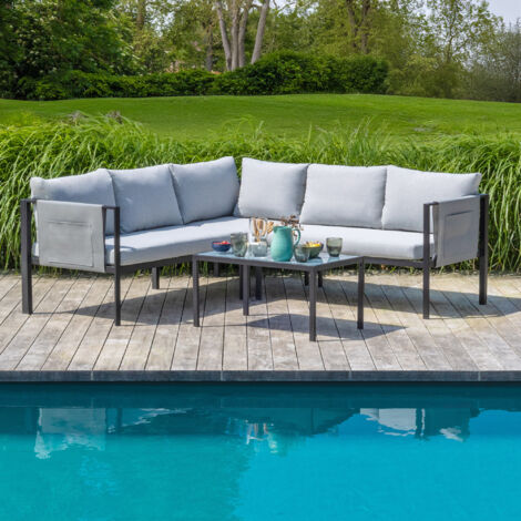 Skylantern – Ensemble salon de jardin extérieur 5 places – 2 canapés modulables en métal – table en verre trempé 80x50cm – coussins déhoussables résistants UV (1/5)