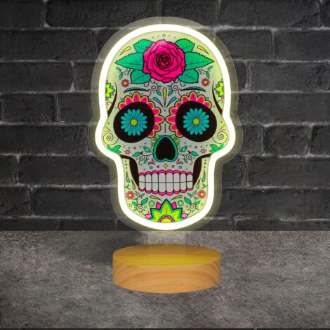Lampe Néon Dia de Los Muertos Sur Pied en Bois 36CM - Néon Lumineux avec Support en Acrylique - Néon LED Avec Interrupteur pour Décoration Thème Mexique (1/5)