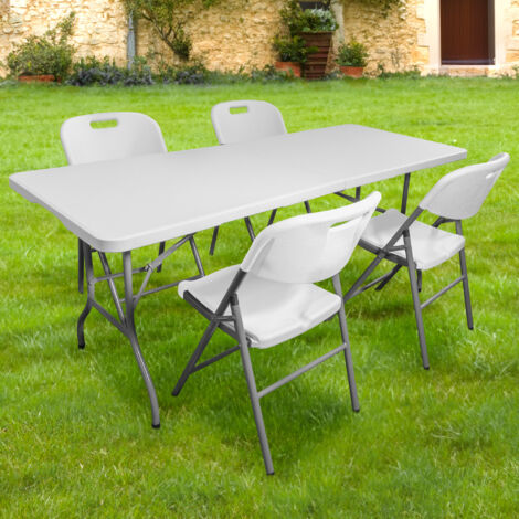 Lot table pliante 200x74 cm et 4 chaises pliantes confortables – Charge max 150 kg – Pour événements extérieurs et camping (1/5)