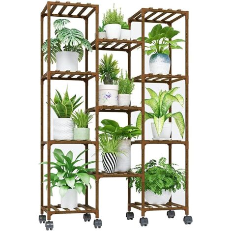 Support Plantes Intérieur avec Roulettes, Porte Plante Intérieur et Extérieur, Étagère Plante en Bois pour 11 Pots, Grand Porte Plante Extérieur pour Salon (1/5)