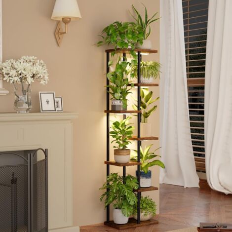 Support plante intérieur avec lampe – Étagère d'angle 7 niveaux en bois et métal – Éclairage décoratif pour salon et balcon – Dimensions 40x24x138 cm