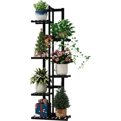 Support pour plantes en bambou - Étagère d'intérieur - Petit support de fleurs en métal pour terrasse, jardin, balcon, salon, chambre à coucher (noir, 6 niveaux) (1/5)