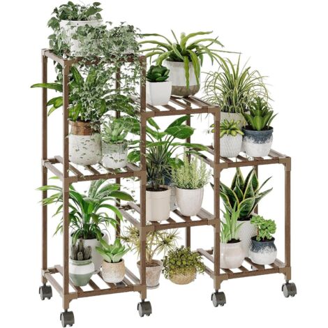 Support Plantes Intérieur avec Roulettes, Porte Plante Intérieur en Bois, Étagère à 3 Niveaux pour 7 Pots, Étagère Plante pour Fenêtre, Jardin, Balcon, Patio, Salon, Porte Plante Extérieur (1/5)