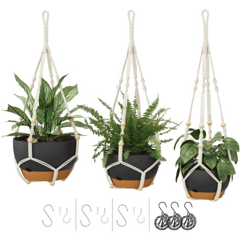 Lot de 3 cintres en macramé pour plantes d'intérieur avec chaîne, pots de fleurs suspendus à auto-arrosage avec trous de drainage et soucoupe amovible, noir (29,9 cm) \u2013 Support idéal pour