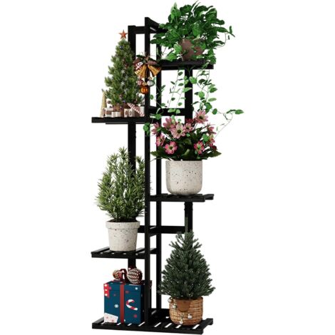 Étagère d'angle en bambou à 5 niveaux pour plantes - Petit support de fleurs à étages pour fenêtre, jardin, balcon, décoration d'intérieur, salon, chambre à coucher (noir) (1/5)