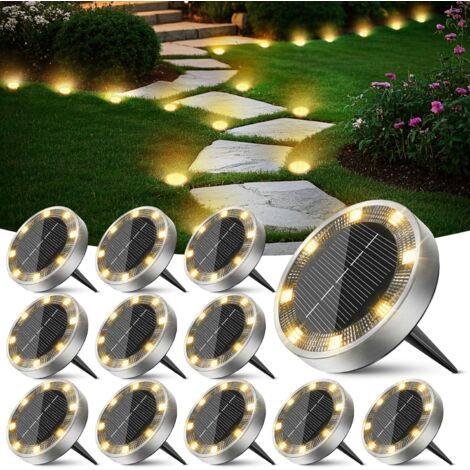Lumiere Solaire Au Sol Lot de 12, Lampe Solaire Exterieur Jardin 8 LED, Étanche Spot Solaire Extérieur pour Chemins Allée Pelouse Terrasse Cour Piscine[Blanc Chaud] (1/5)
