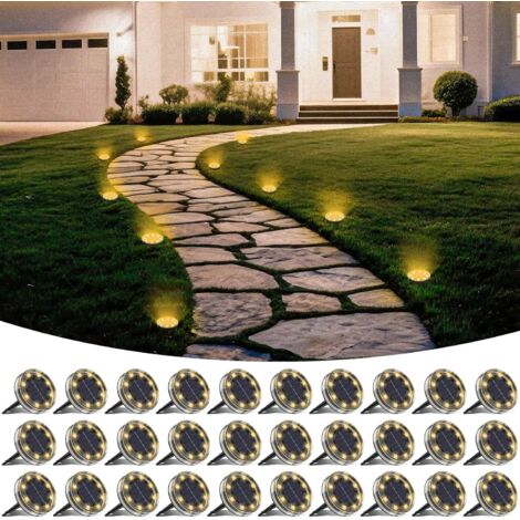 Lot de 30 Lampe Solaire Au Sol, 8 LED Lumiere Solaire Exterieur Jardin IP68 Étanche, Spot Solaire Extérieur pour Chemins Pelouse Terrasse Allée Cour Piscine Passerelle, Blanc Chaud (1/5)