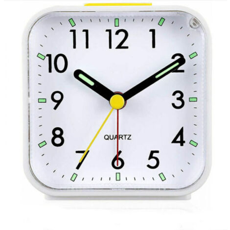 Réveil analogique silencieux – Fonction Snooze et veilleuse – Alimentation à piles – Compact 8x4.2x8 cm – Blanc (1/5)
