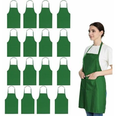 Lot de 16 tabliers à bavette vert uni en vrac pour femmes hommes adultes avec 2 poches - Chef Cuisine Cuisine Peinture Cuisson Restaurant Serveurs (16 pcs, Vert)) (1/5)