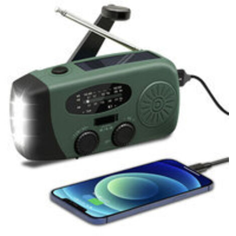 Radio Solaire d'urgence, à manivelle, Auto-alimentée, avec Lampe de Poche LED, Alarme SOS, Radio AM/FM météo Wind Up avec Batterie de 2000 mAh pour Charge d'urgence,vert militaire (1/3)