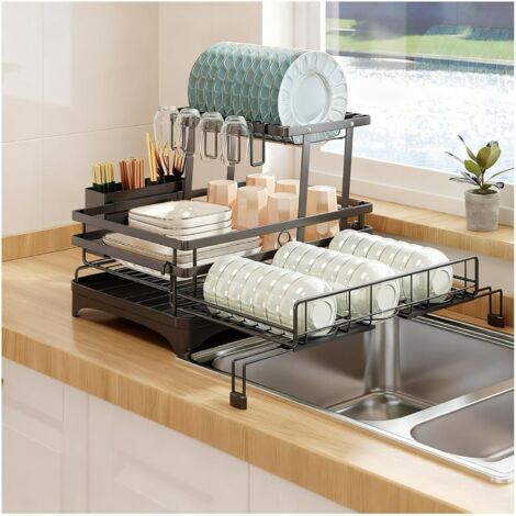 Égouttoir à Vaisselle,égouttoir Vaisselle Extensible Grande capacité avec Plateau/Porte-ustensiles pour Plan de Travail,égouttoir Multifonctionnel,Drainage Automatique(Grand Forma (1/5)
