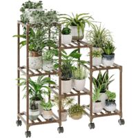 Support Plantes Intérieur avec Roulettes, Porte Plante Intérieur en Bois, Étagère à 3 Niveaux pour 7 Pots, Étagère Plante pour Fenêtre, Jardin, Balcon, Patio, Salon, Porte Plante Extérieur