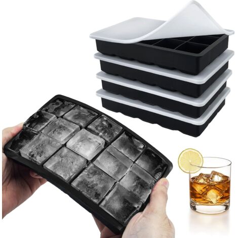 Moule à Glaçons Lot De 4 Moule à Glaçons En Silicone Au Total 60 Compartiments Pour Faire Un Grand Glaçon Carré Pour Réfrigérateur Whisky Cocktail Vin Purée De Fruits Crème Glacée (Noir) (1/5)